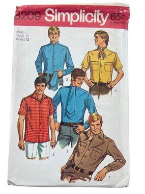 Vintage 60s Simplicity 8209 Pattern Neck 16 Chest 42 Shirts Scarf Ascot CUT